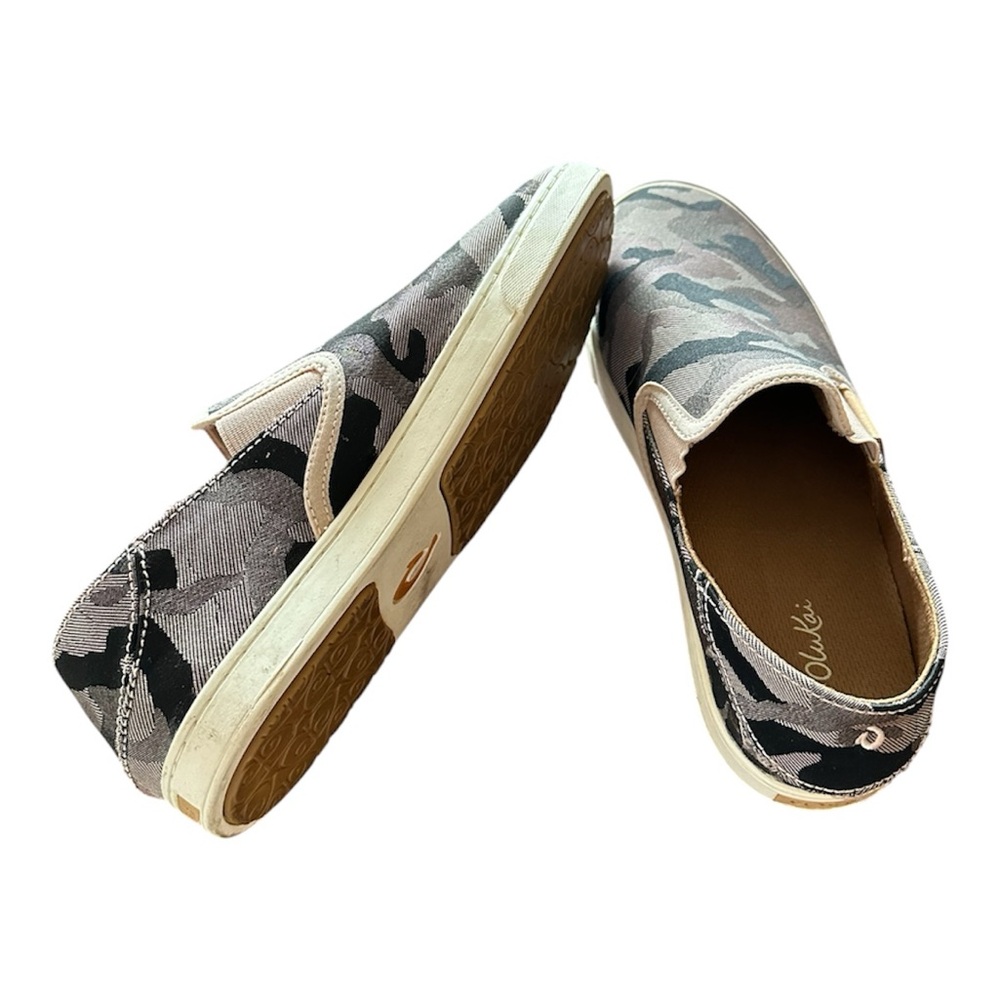 OluKai Slip-On Camo Canvas Sneakers in Taupe, Black, Gray